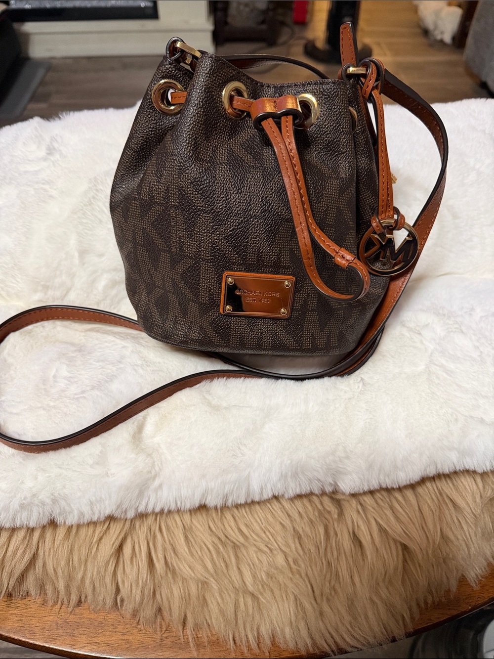 Michael Kors Dark Brown Signature Coated Canvas Jules Drawstring Shoulder Bag